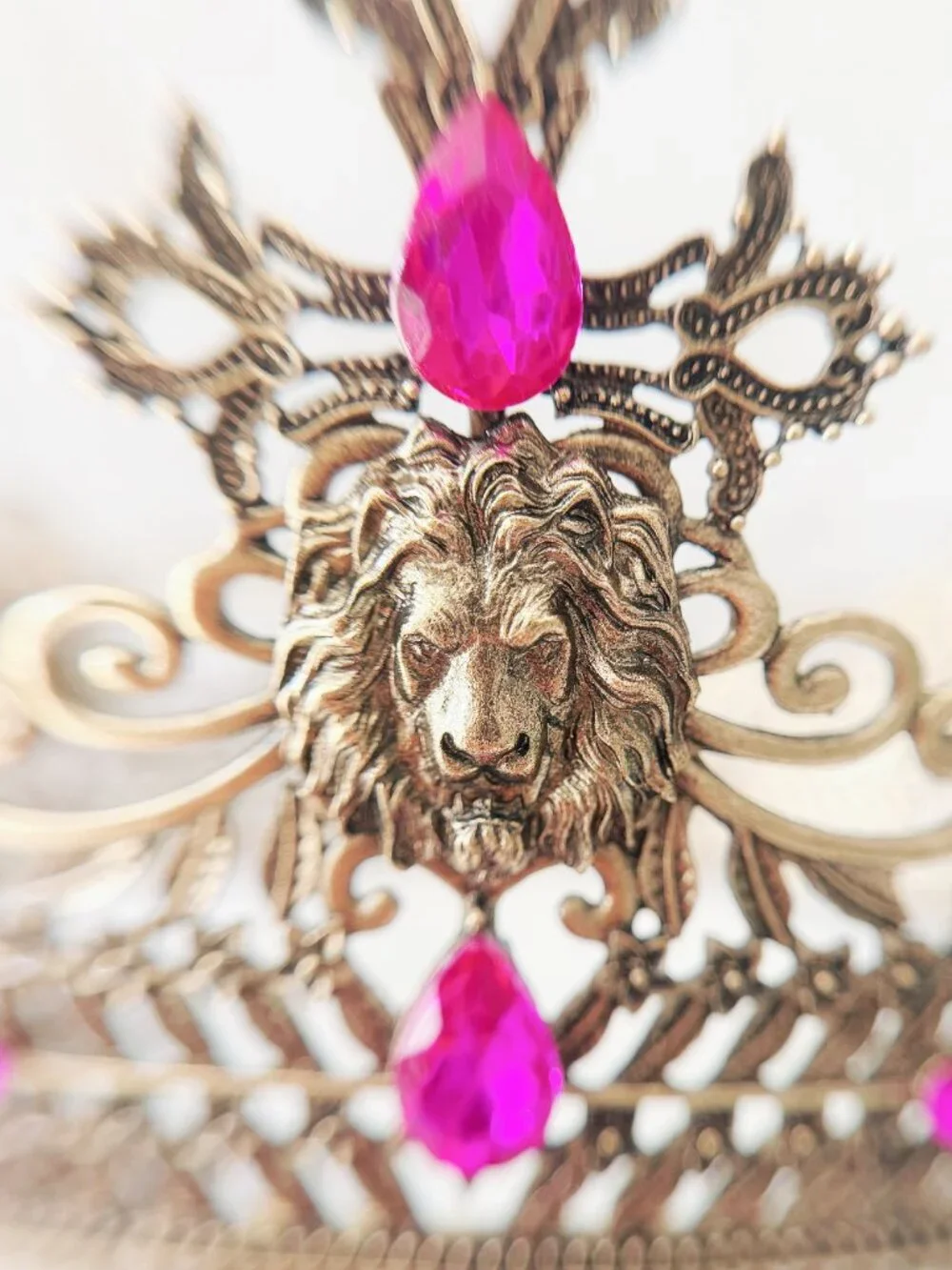 Vintage Style Gold Lion Crown with Hot Pink Crystals, Royal King Queen Headpiece